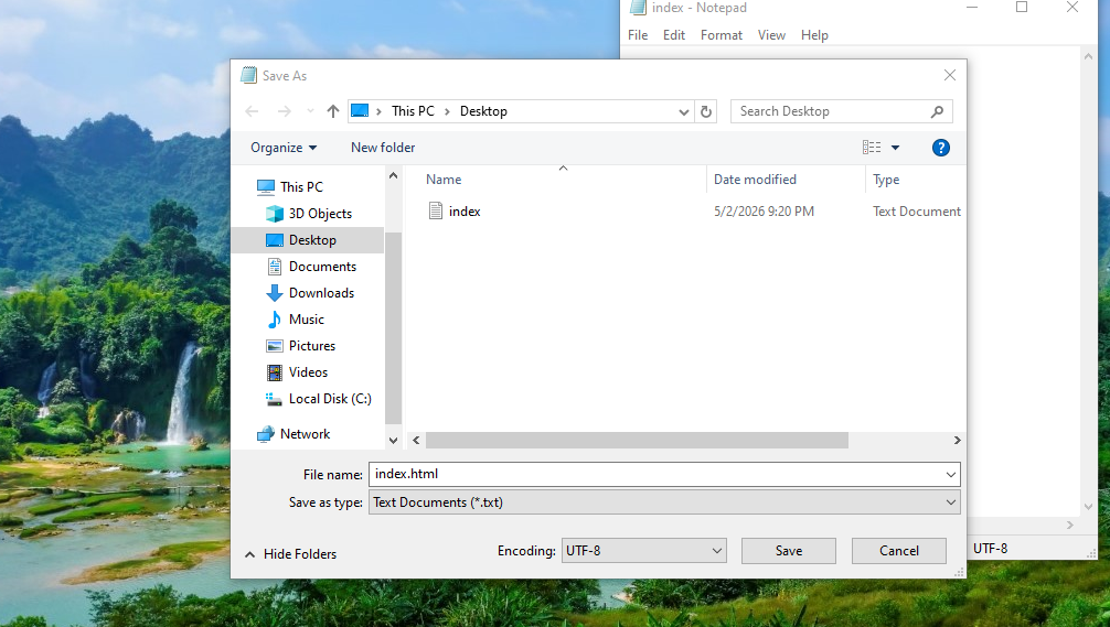 add '.html' extension to filename and click on save