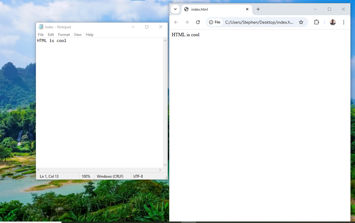 text on notepad is also visible on the browser
