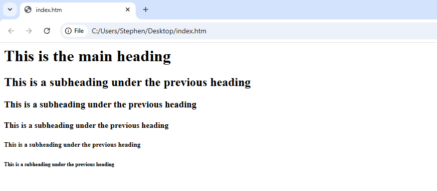 browser displays 6 headings corresponding to the heading levels in html