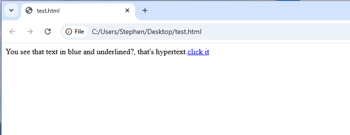 A web browser displaying a piece of text that says you see that text in blue and underlined?, that's hypertext. click it'. The part of the text that says 'click it' is the hypertext that is colored and underlined blue
