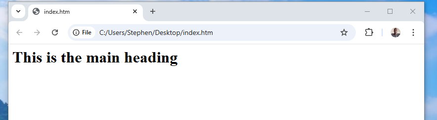 browser displays an h1 element having the heading 'this is the main heading'