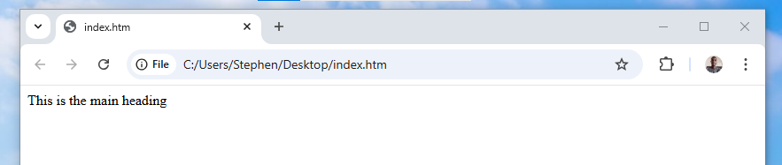 browser displays a piece of text that says 'this is the main heading'