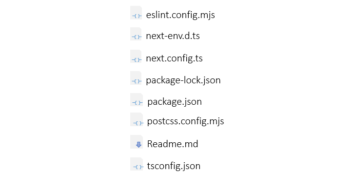 7 of the 8 default top level files of a Next.js 15 project (excluding the .gitignore file)